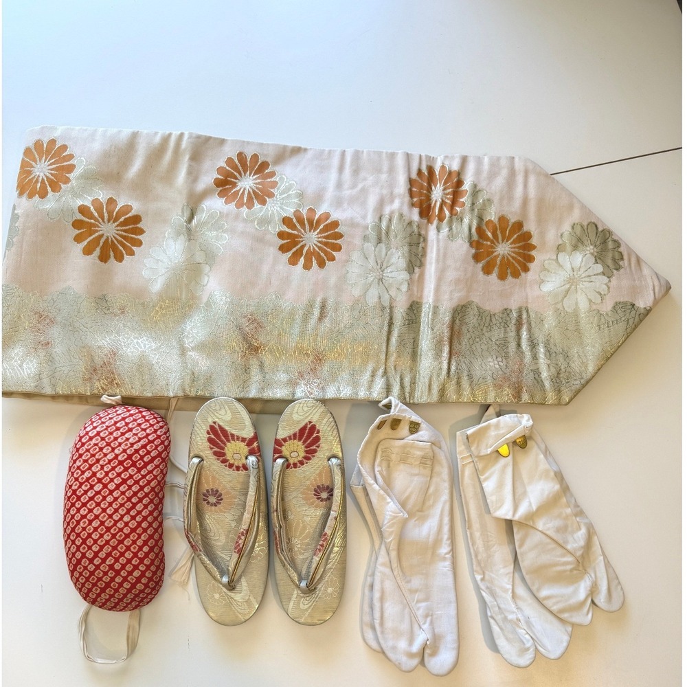 Vintage Japanese Kimono Accessory Set Silk Fukuro Obi Zori Sandals Tabi Socks